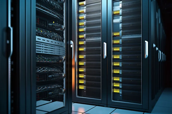Engineer in data centre looking at lockable rack
